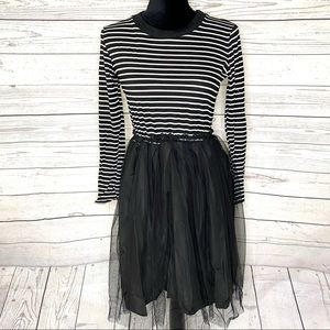 Chic Girl Black Striped Mesh Paneled Combo Dress
